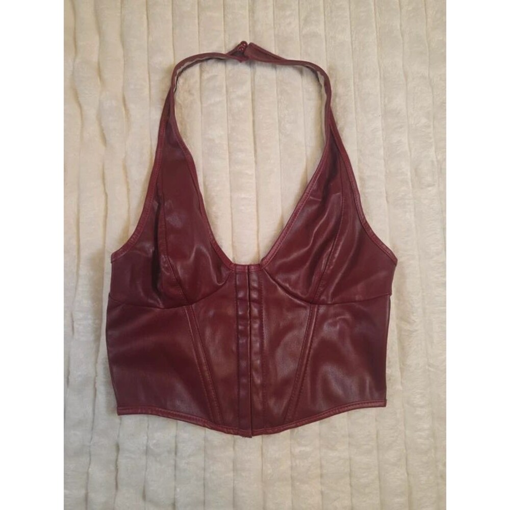 Y2K Burgundy Faux Leather Corset Halter Top | Back Lace Up V-Neck Crop